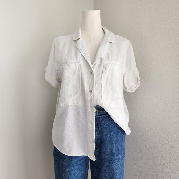 Universal Thread White Linen Blend Button Up Collared Short Sleeve Shirt L - Picture 1 of 9